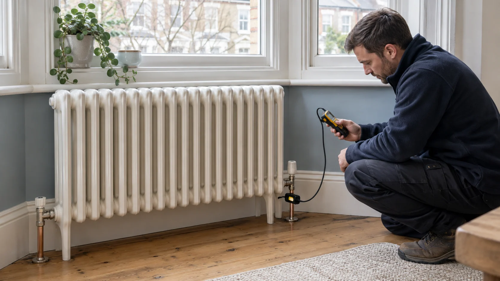 Heating engineer checking a radiator pipe temperature with a clamp probe and handheld instrument.