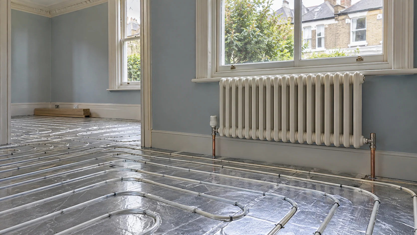 Column radiator and white underfloor heating pipes during a period-home renovation.