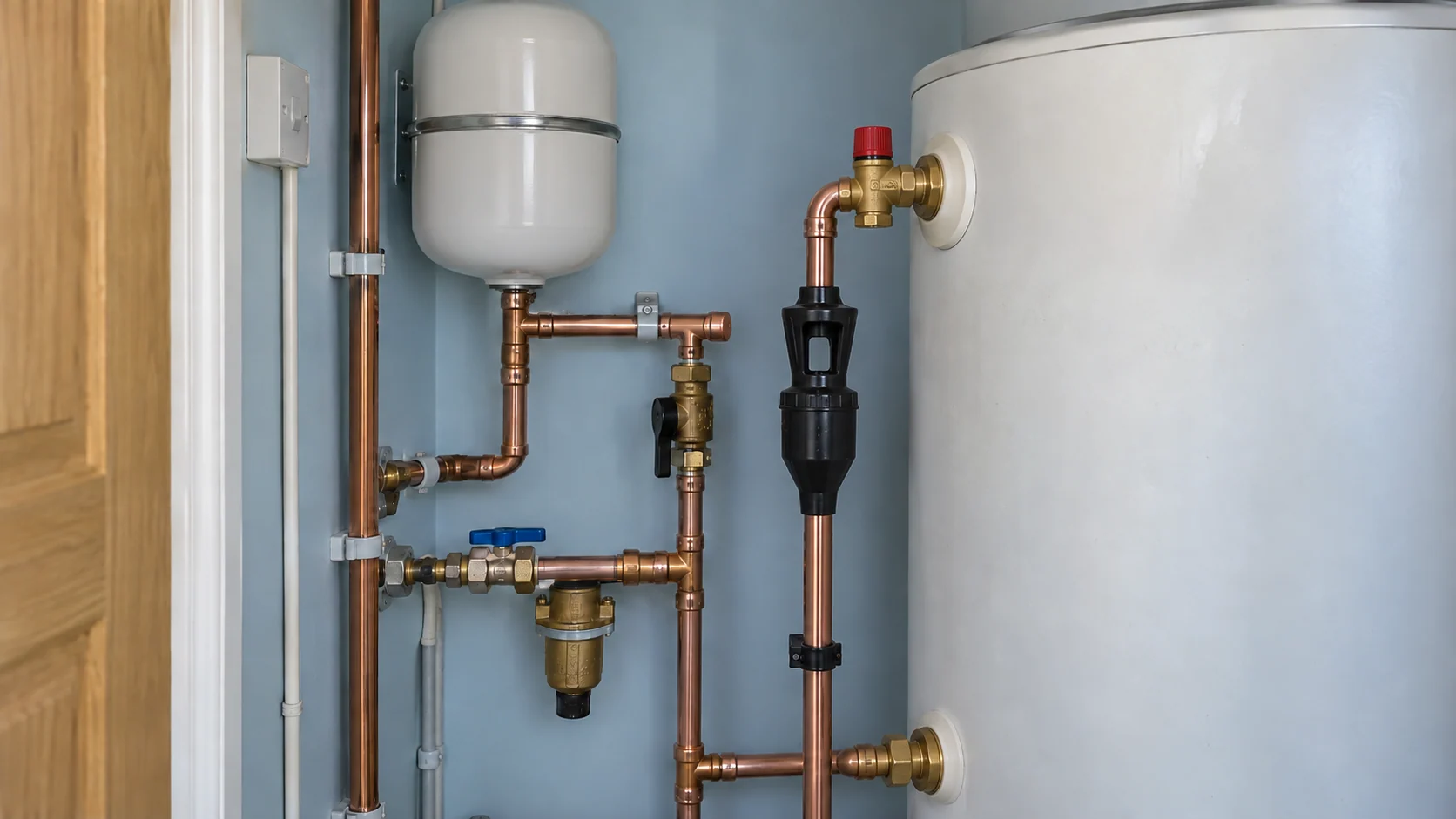 White hot-water cylinder with supported copper connections, an expansion vessel and accessible safety discharge pipework.