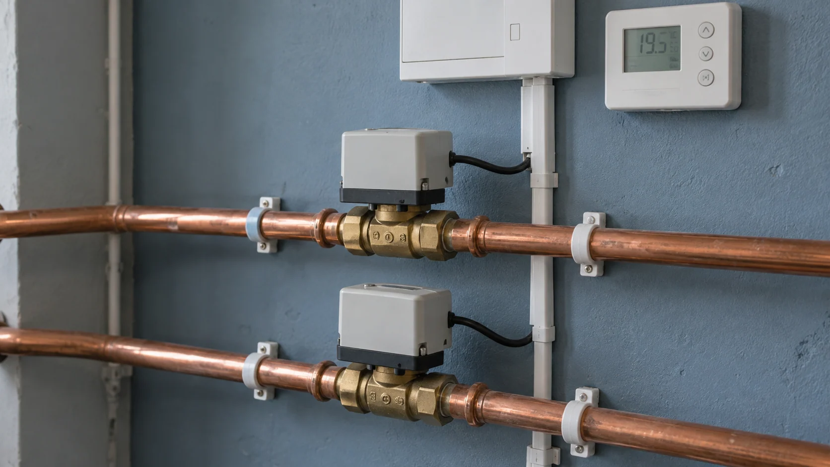 Two motorised heating zone valves with connected copper pipework, neatly routed cables and a wall-mounted controller.