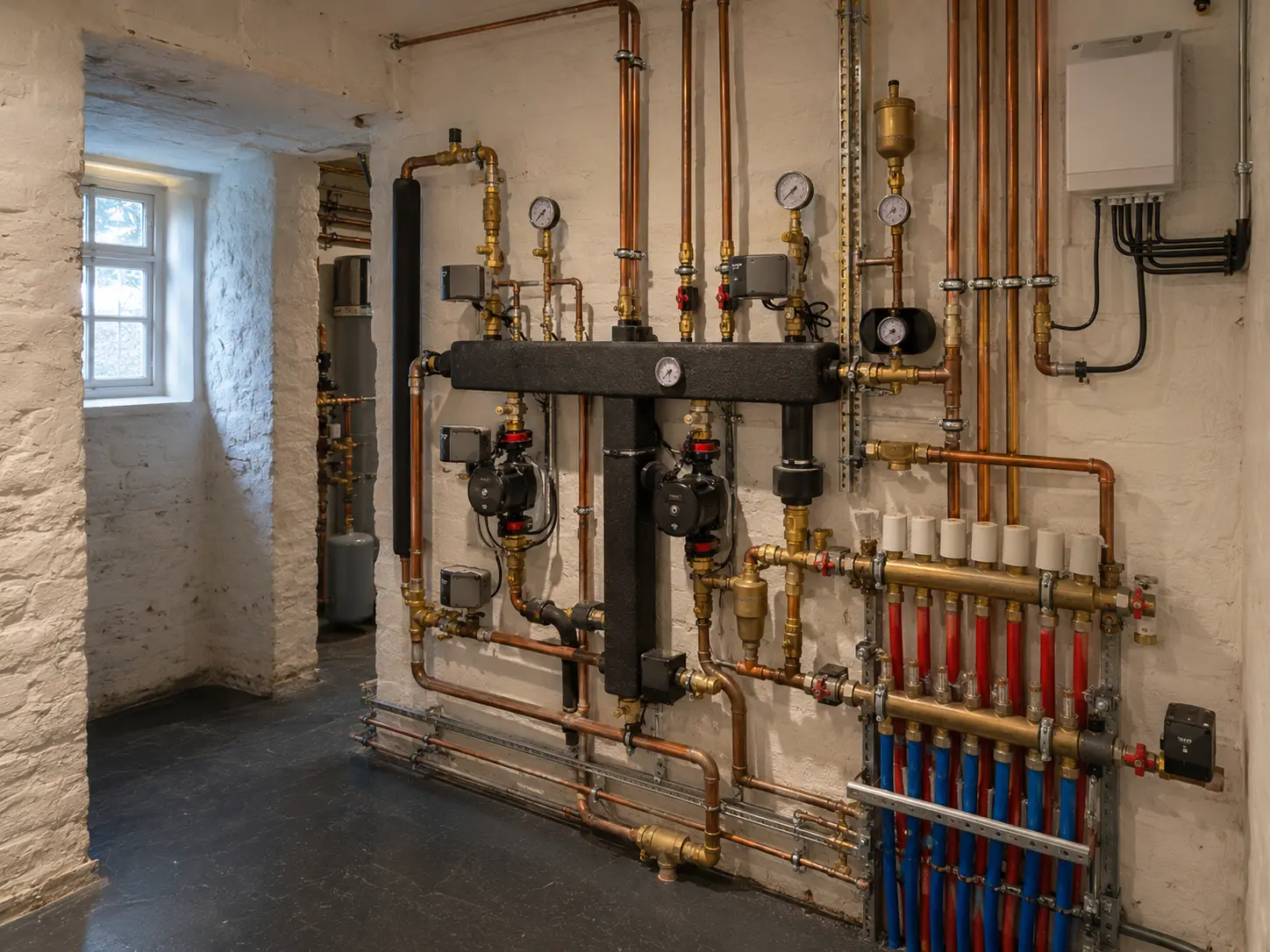 Zoned central heating distribution with pumps, hydraulic header, motorised valves and underfloor heating manifold