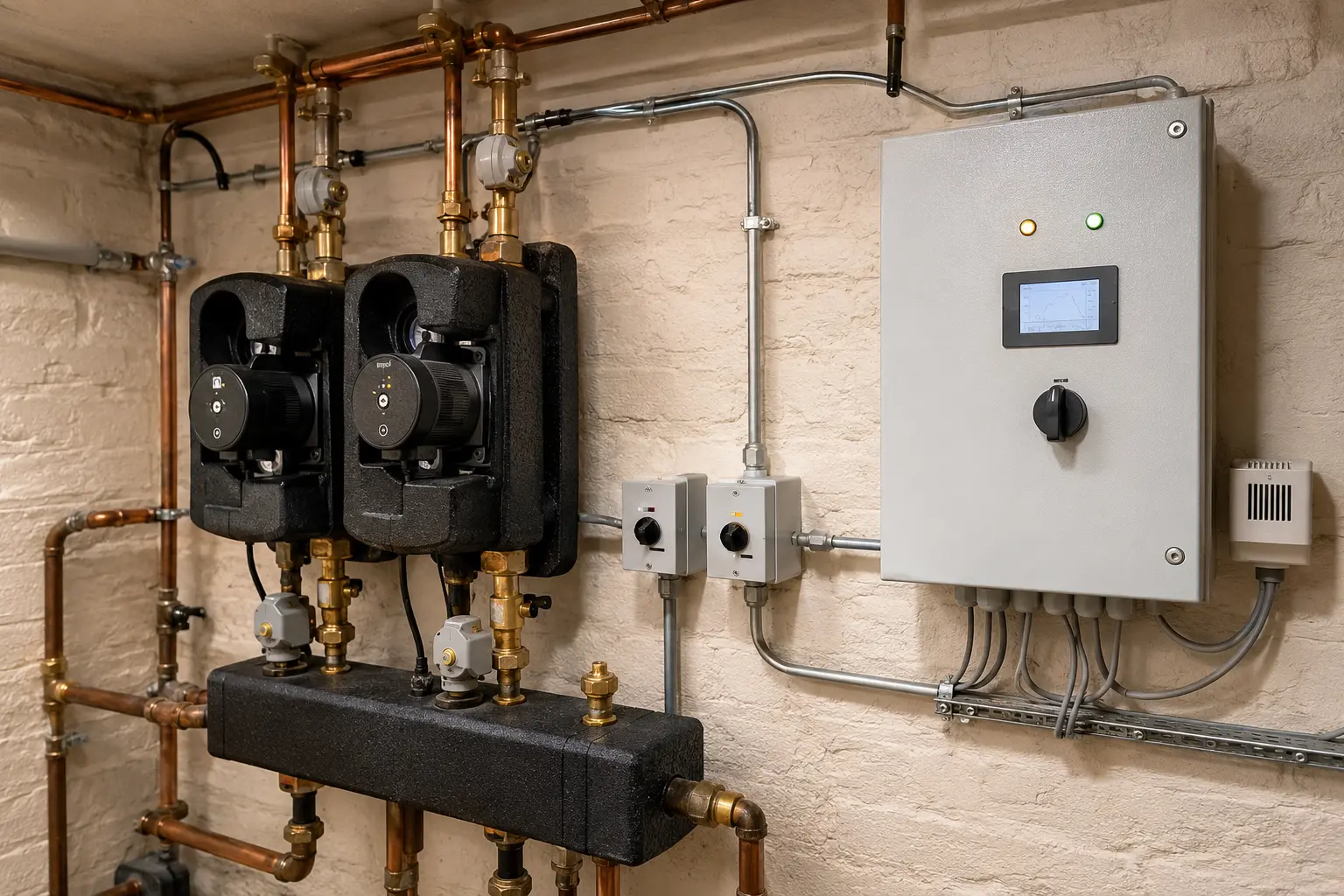 Integrated heating controls with circulation pumps, motorised valves, sensors and compact automatic control panel