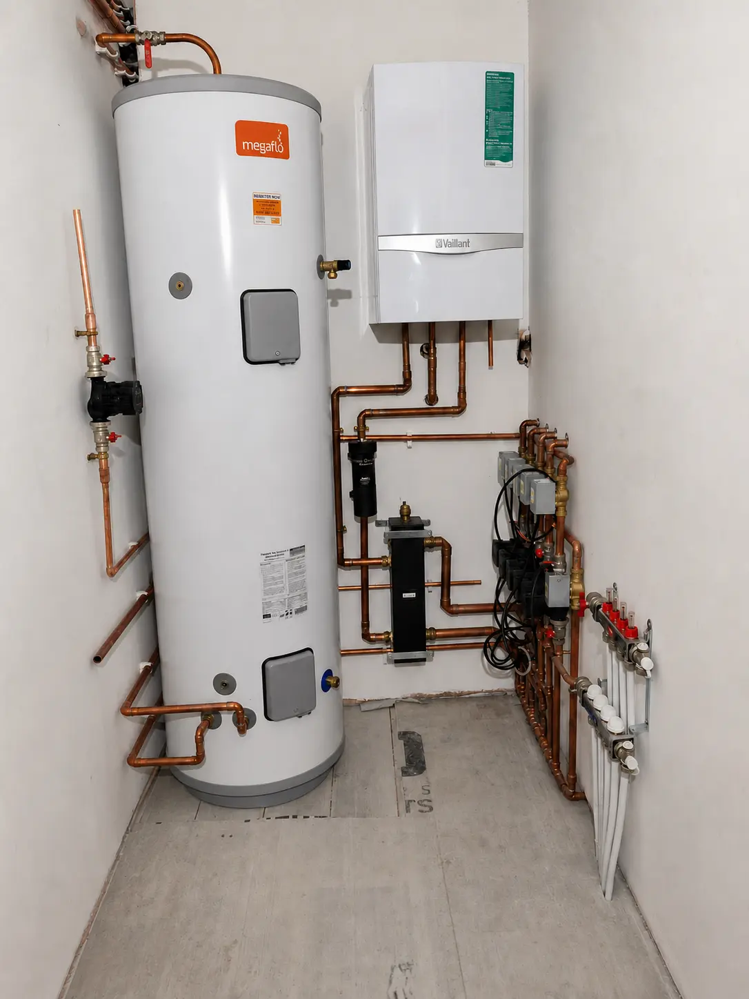 Hot-water cylinder and boiler plant room installation with labelled zone manifolds and controls.