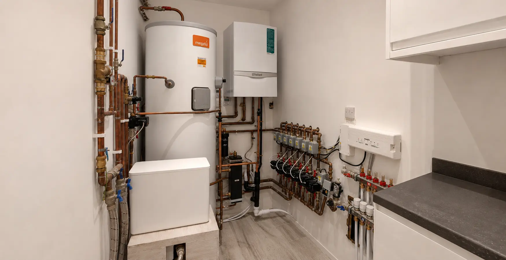 Panoramic view across the completed PEP plant room, showing the boiler, hot-water cylinder, controls and multi-zone distribution.