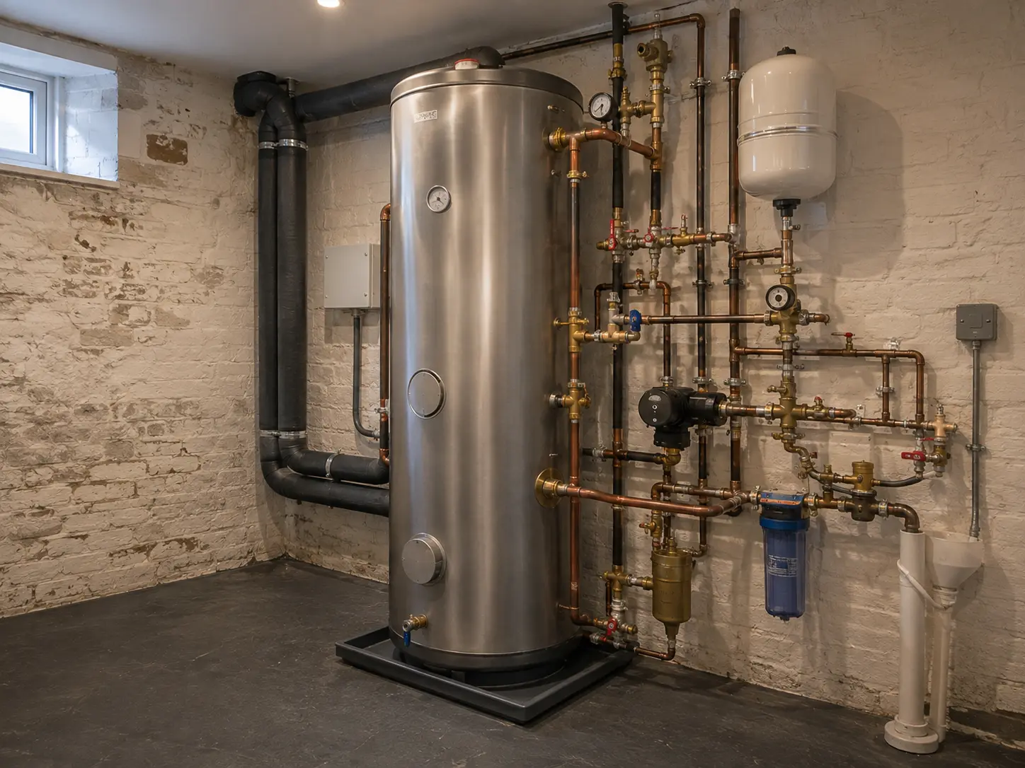 Serviceable unvented hot-water cylinder installation with expansion vessel, circulation pump, safety controls and accessible valves
