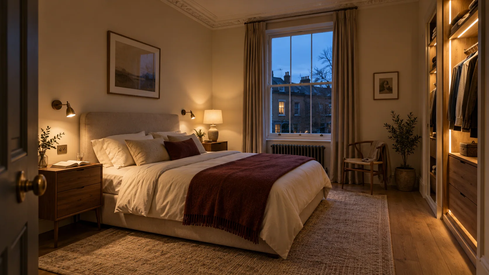 Bedroom with separate bedside reading lights, soft ambient lighting and illuminated wardrobes.