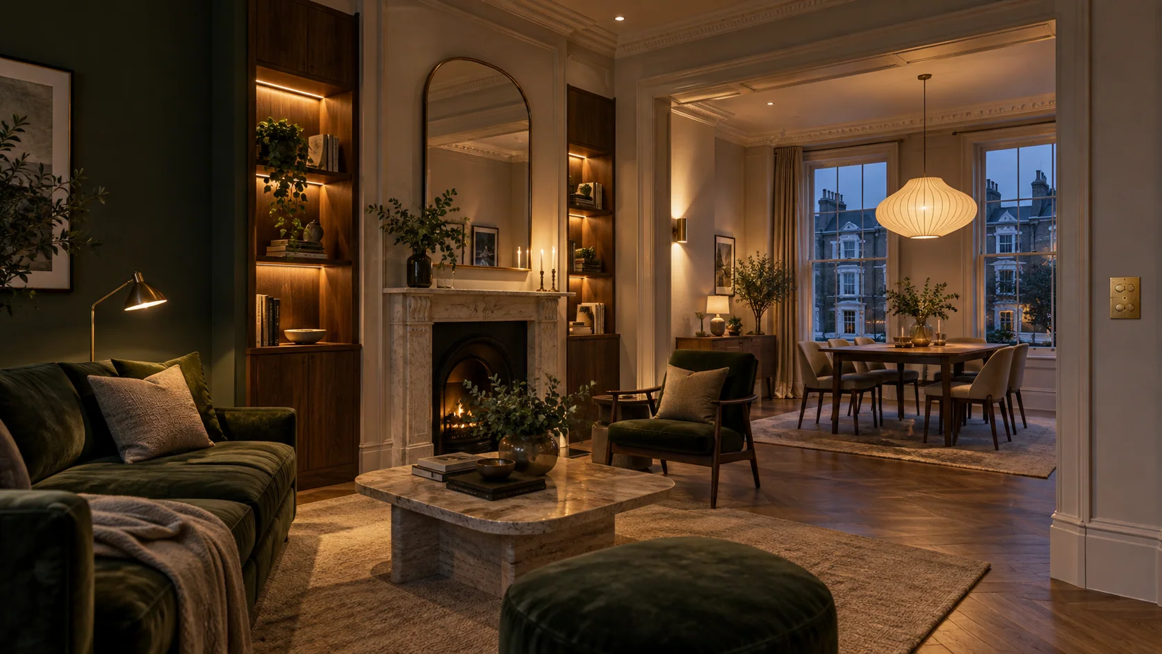 Layered lighting in a London reception and dining room, with wall lights, illuminated joinery and a pendant above the dining table.