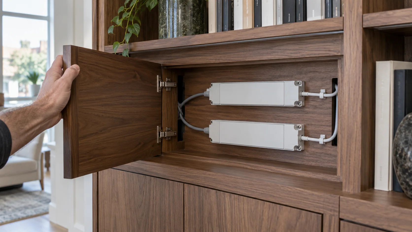 Open service compartment in bespoke walnut joinery with enclosed LED drivers and neatly routed cables.
