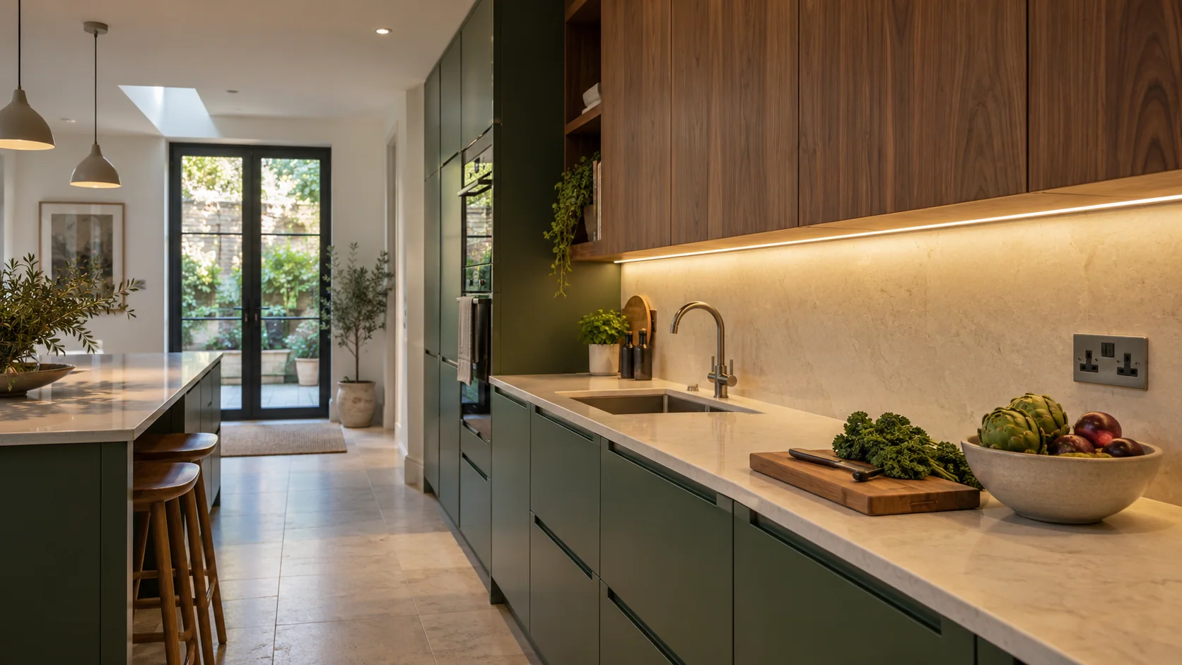 London kitchen with continuous under-cabinet lighting across the worktop and separate pendant lighting above the island.