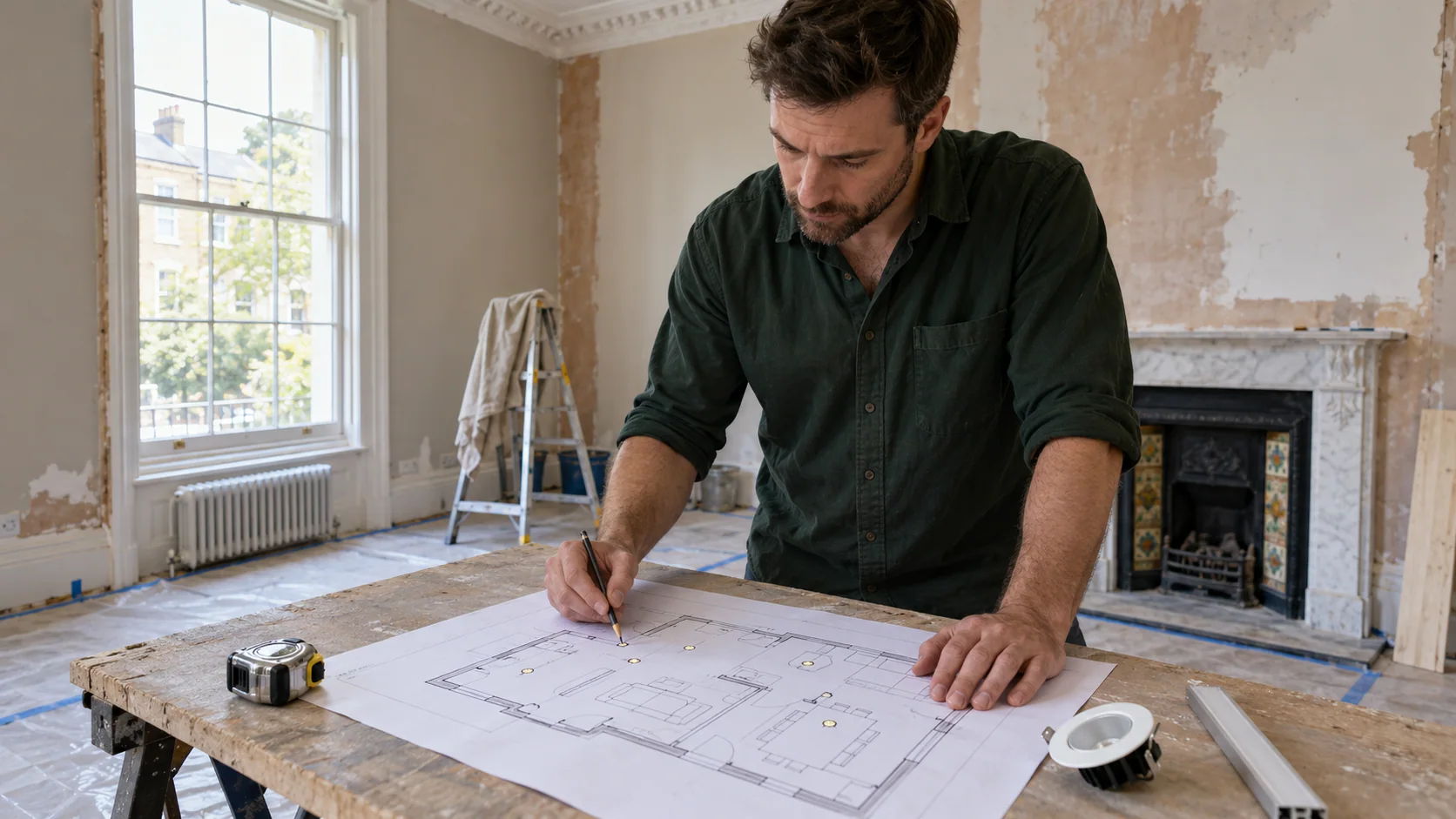 Electrician reviewing a room and furniture lighting plan on a workbench during a London home renovation.