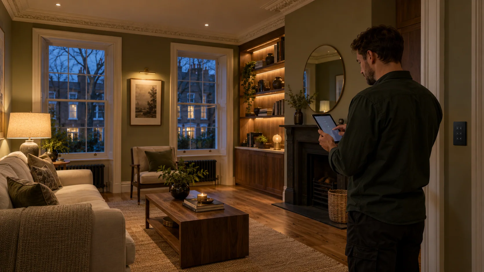 Electrician checking lighting scenes on a tablet in a finished London reception room after dark.