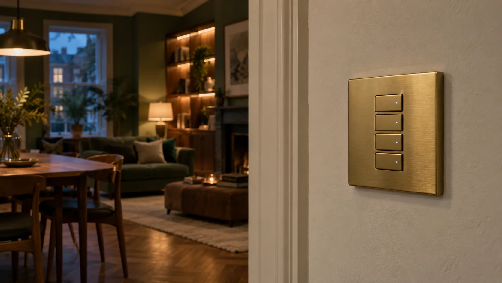 Brushed-brass wall keypad beside a softly lit living and dining room.