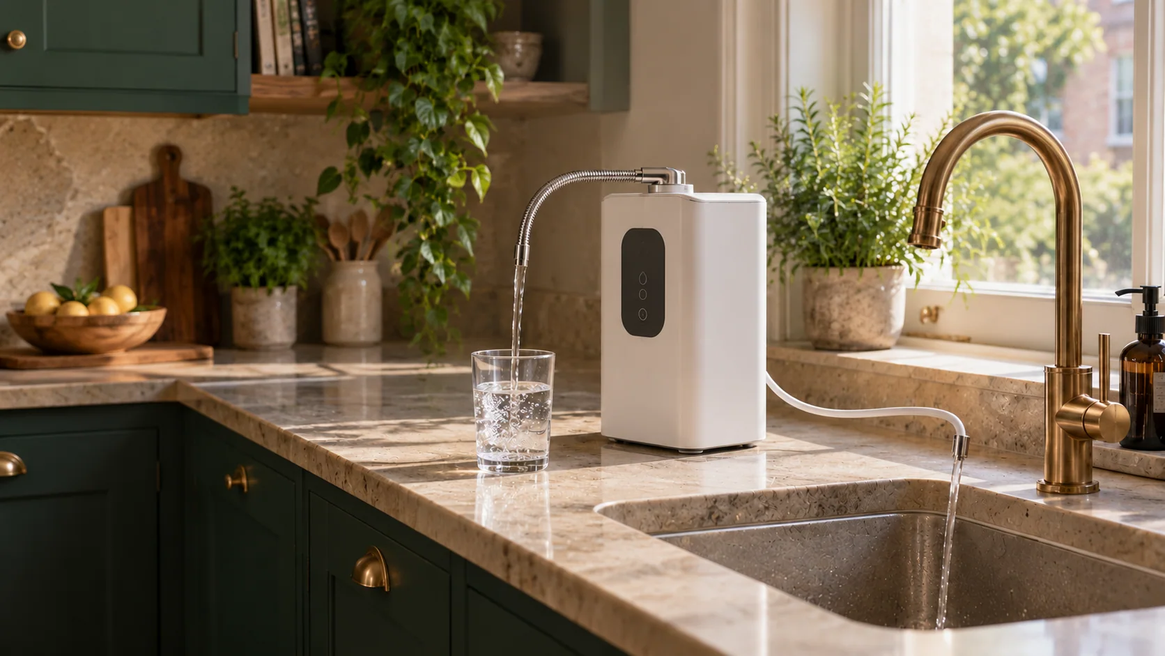 Countertop water ioniser dispensing water beside a London kitchen sink