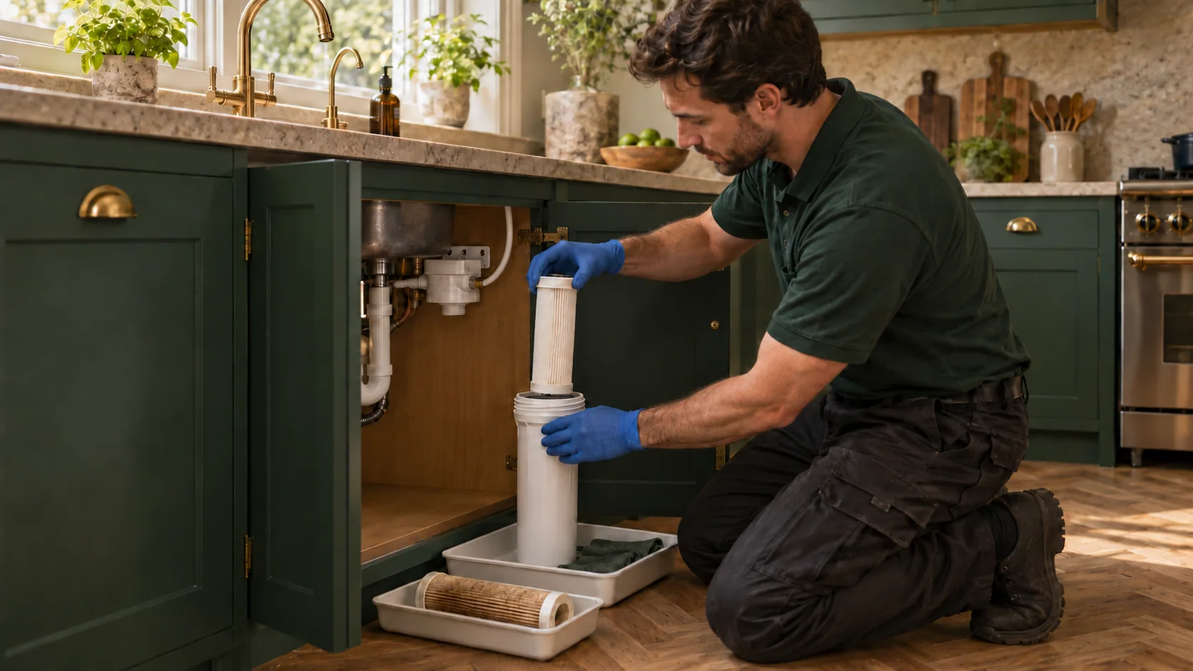 Plumber placing a replacement cartridge into a filter housing beside a kitchen cupboard
