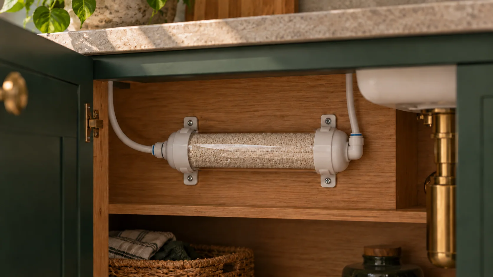Inline remineralisation cartridge with mineral media and connected food-grade tubing