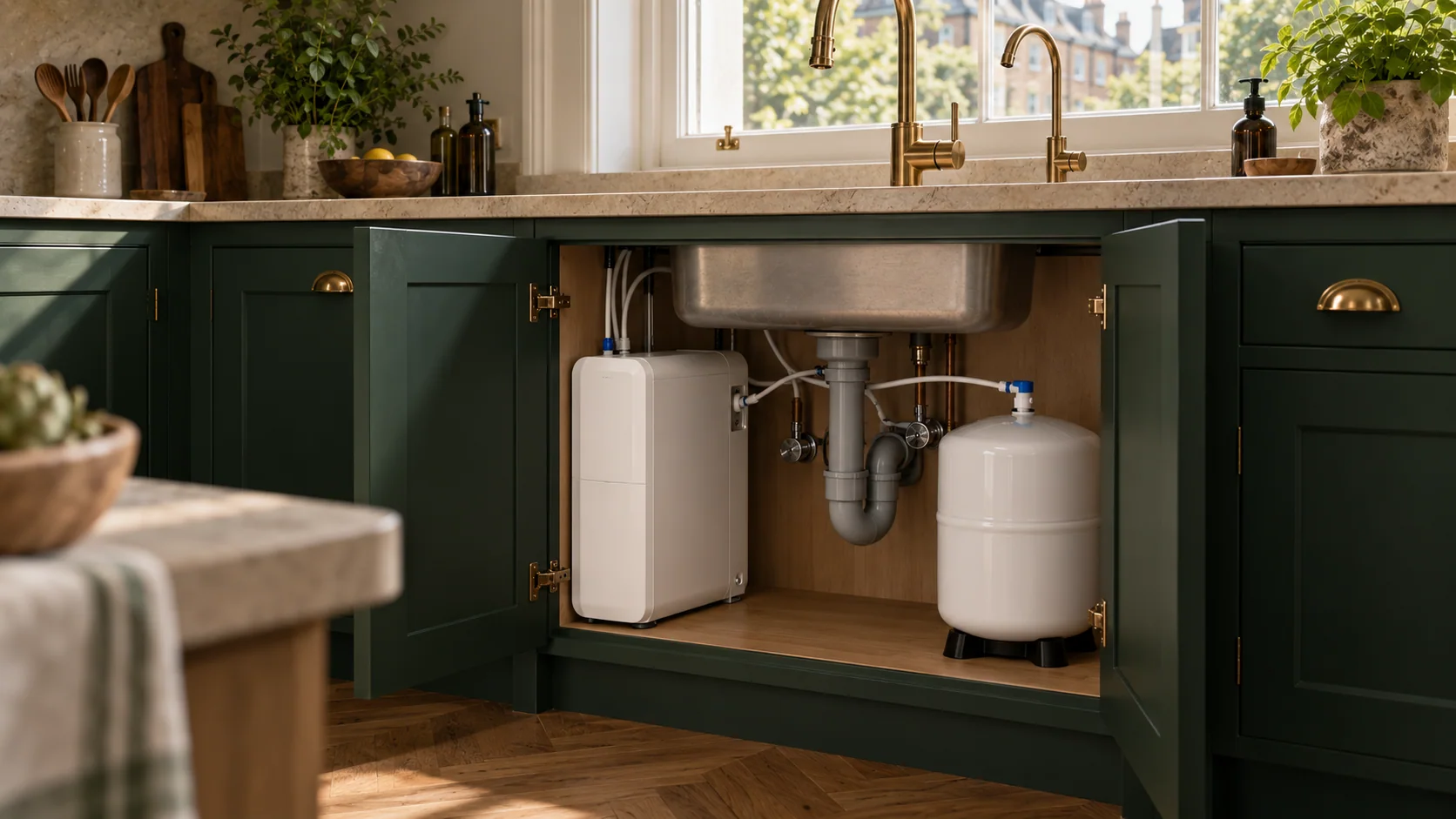 Compact reverse osmosis unit with a connected storage tank beneath a kitchen sink