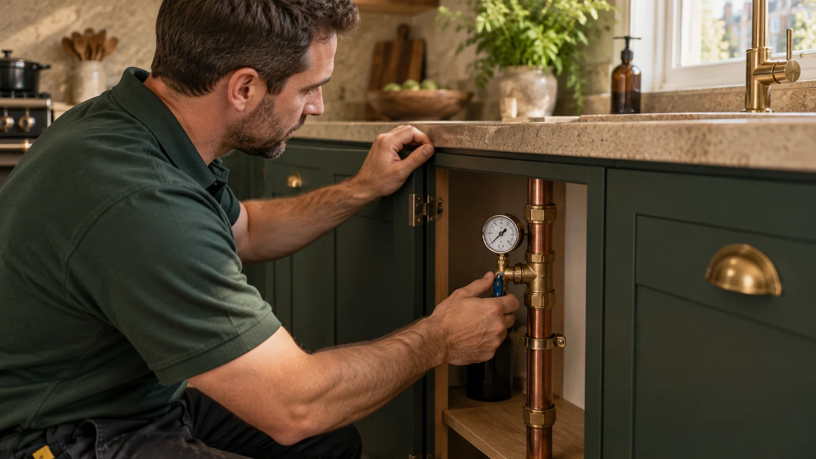 Plumber checking a pressure gauge connected to the cold-water supply beneath a kitchen sink