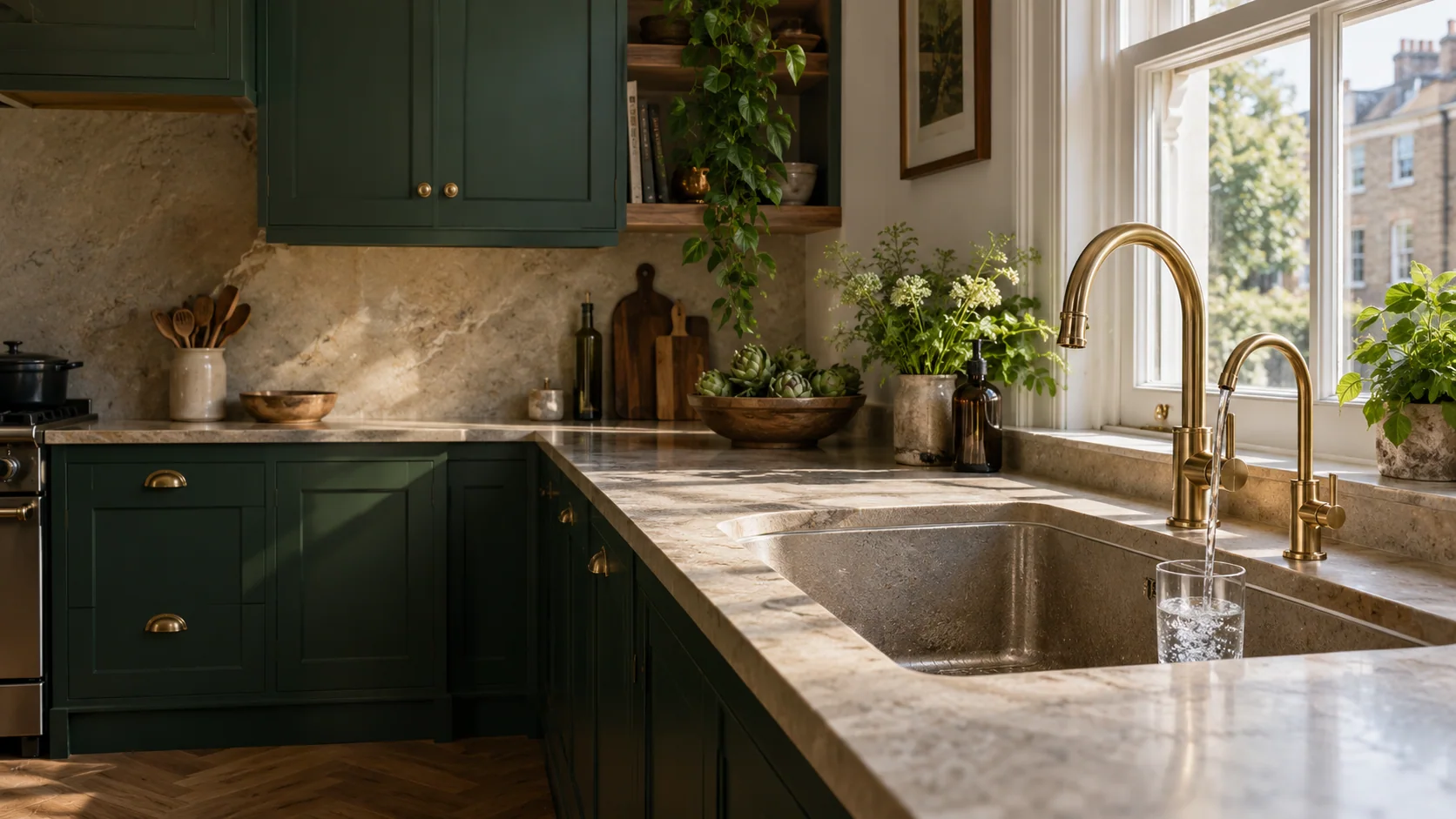 Separate drinking-water tap filling a glass in a green London kitchen
