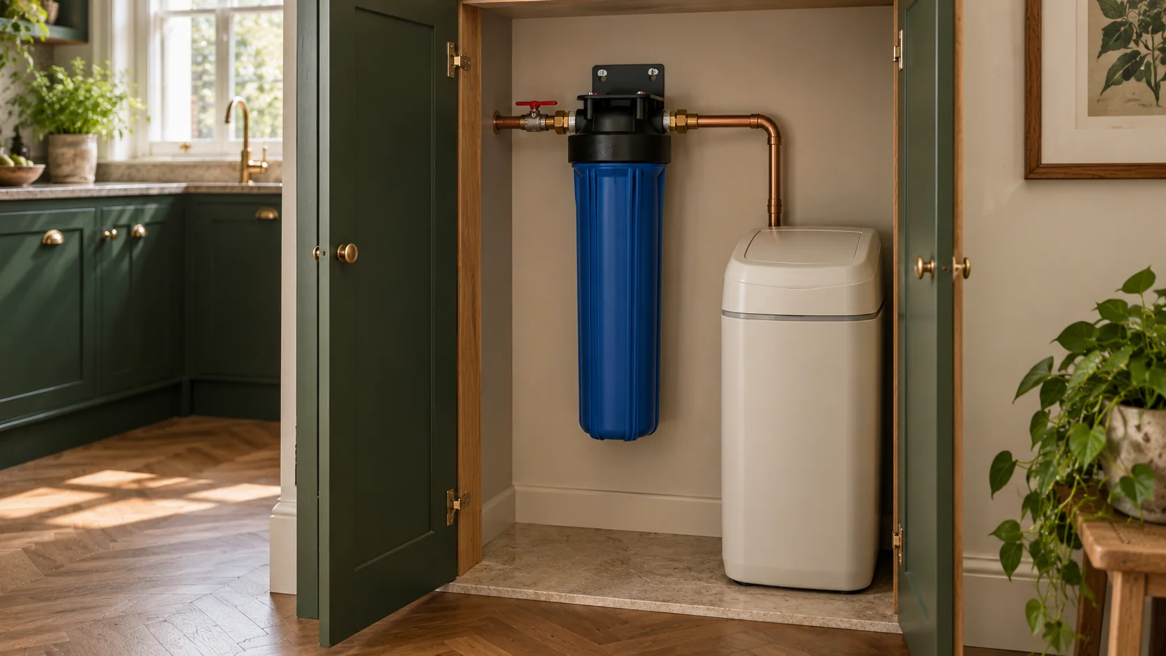 Large carbon filter housing and compact water softener in a London utility cupboard