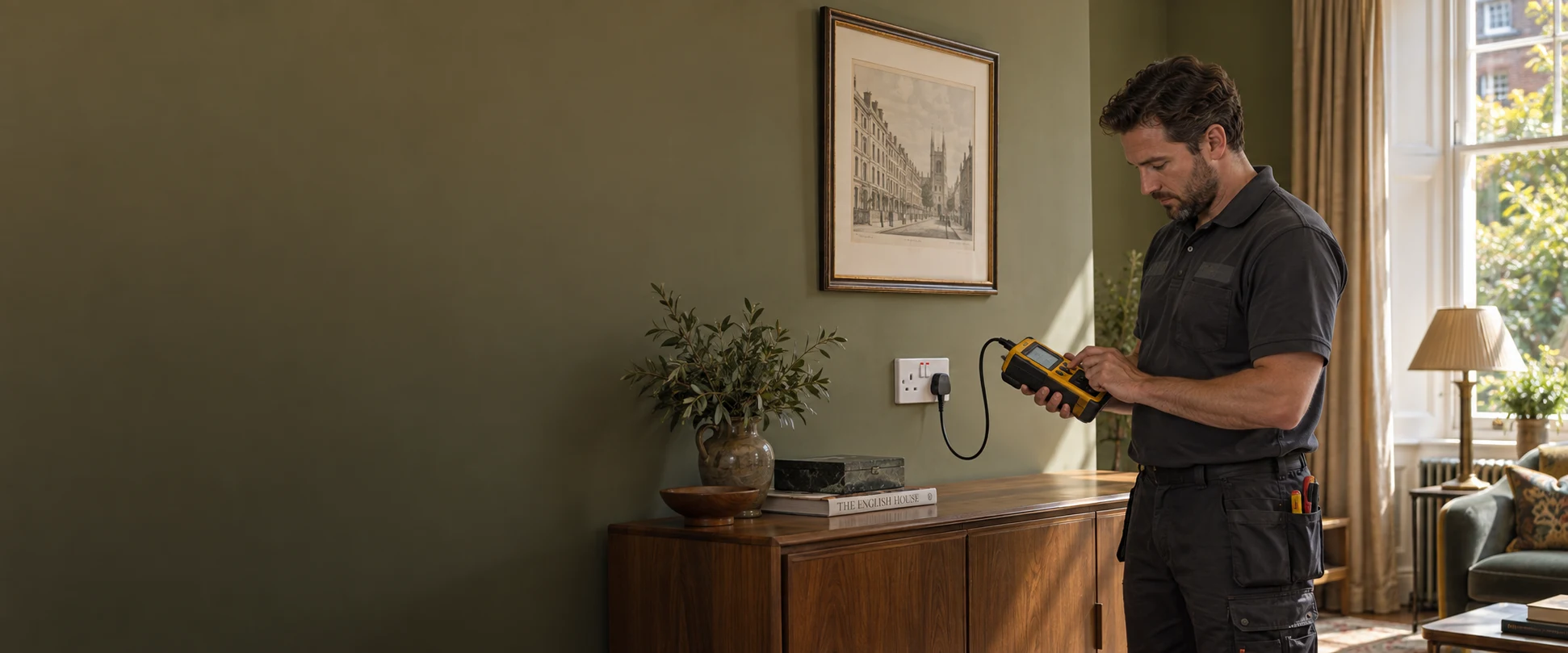 Electrician checking a socket with an installation tester, with the connected socket switch visibly ON in a Chelsea home.