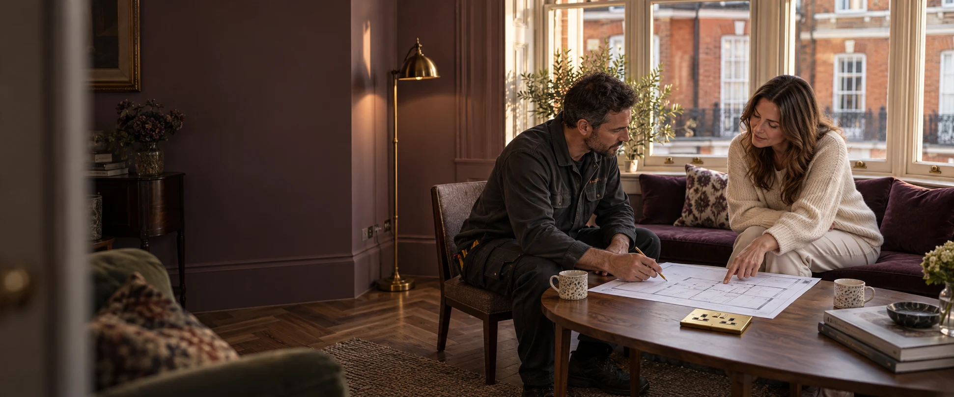 Homeowner and electrician reviewing an electrical layout beside a bay window in a Chelsea flat.