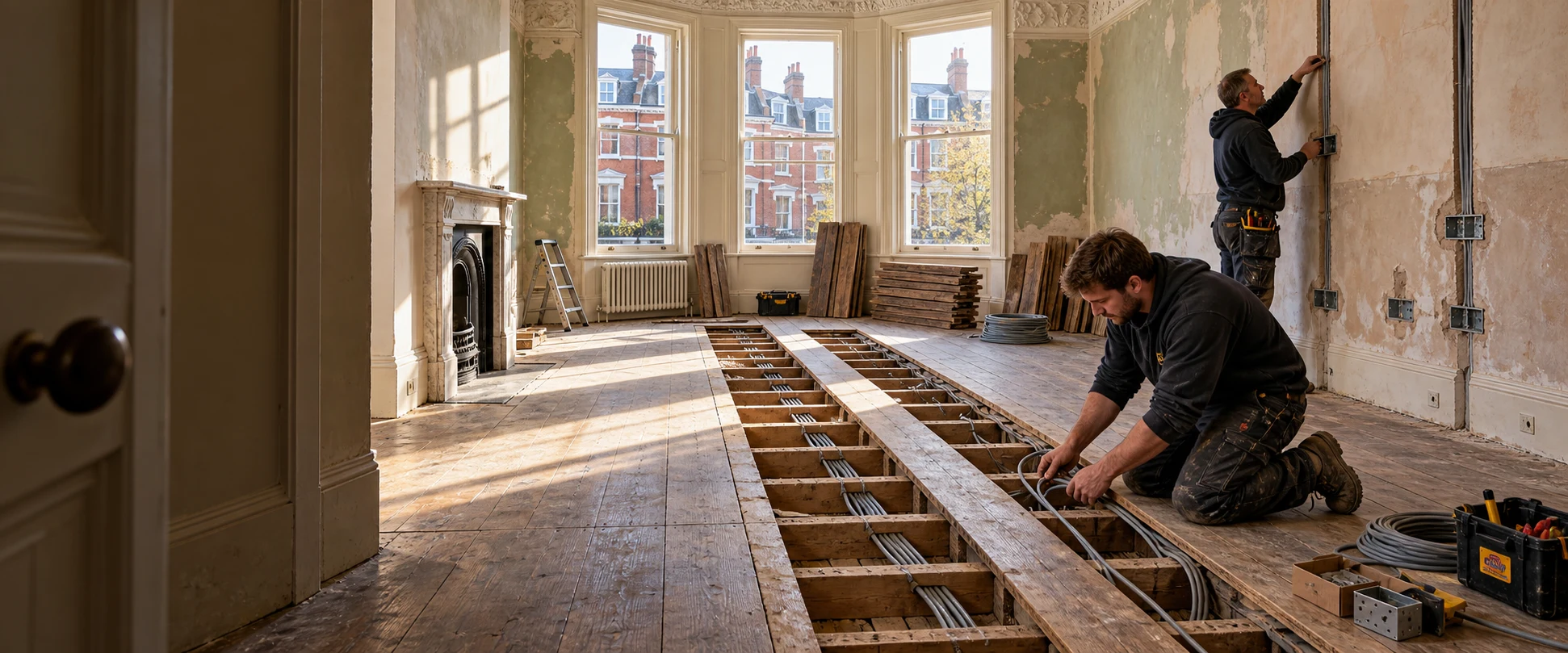 Two electricians installing new wiring through opened floor sections and prepared wall channels in a Chelsea period home.