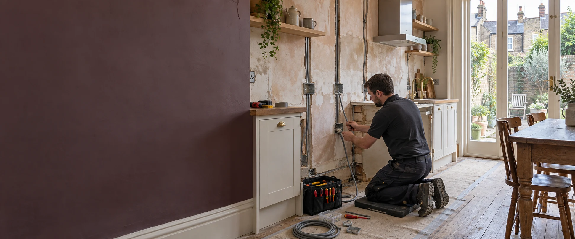 Electrician preparing cable routes and socket back boxes during a kitchen renovation