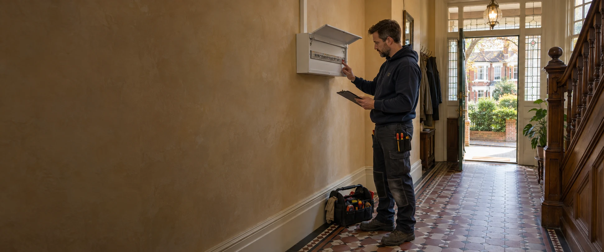 Electrician checking a compact consumer unit in a tiled entrance hall