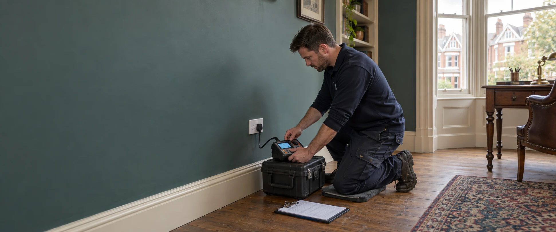 Electrician using an installation tester connected to a UK socket in a period sitting room