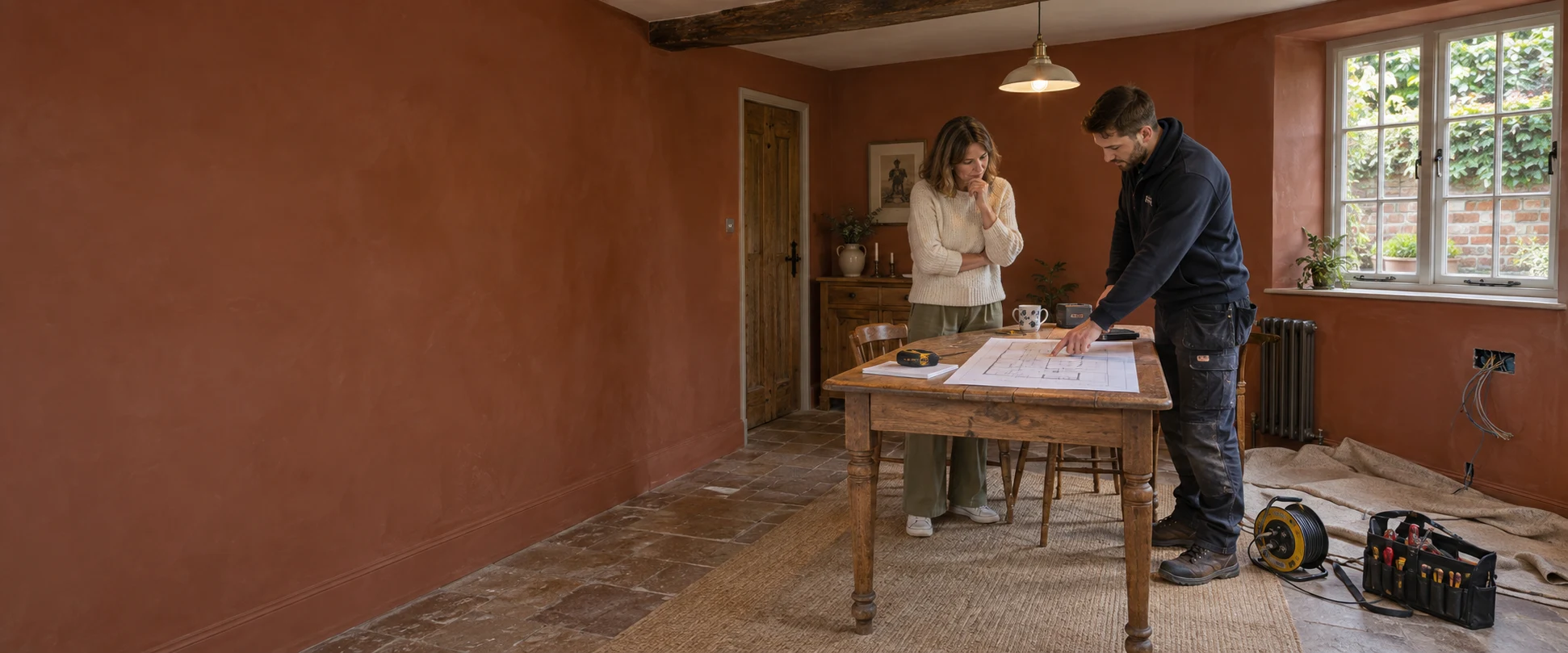 Illustration of a homeowner and electrician discussing a rewiring plan in a warm, cottage-style Hampstead interior.