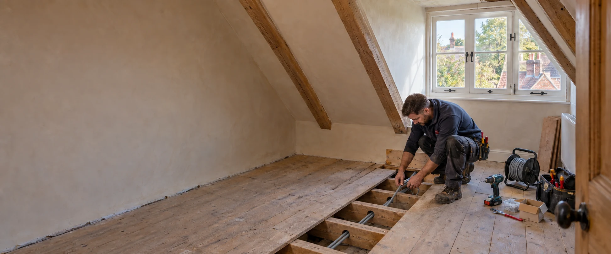 Illustration of an electrician routing cables below floorboards in a Hampstead attic with timber beams.
