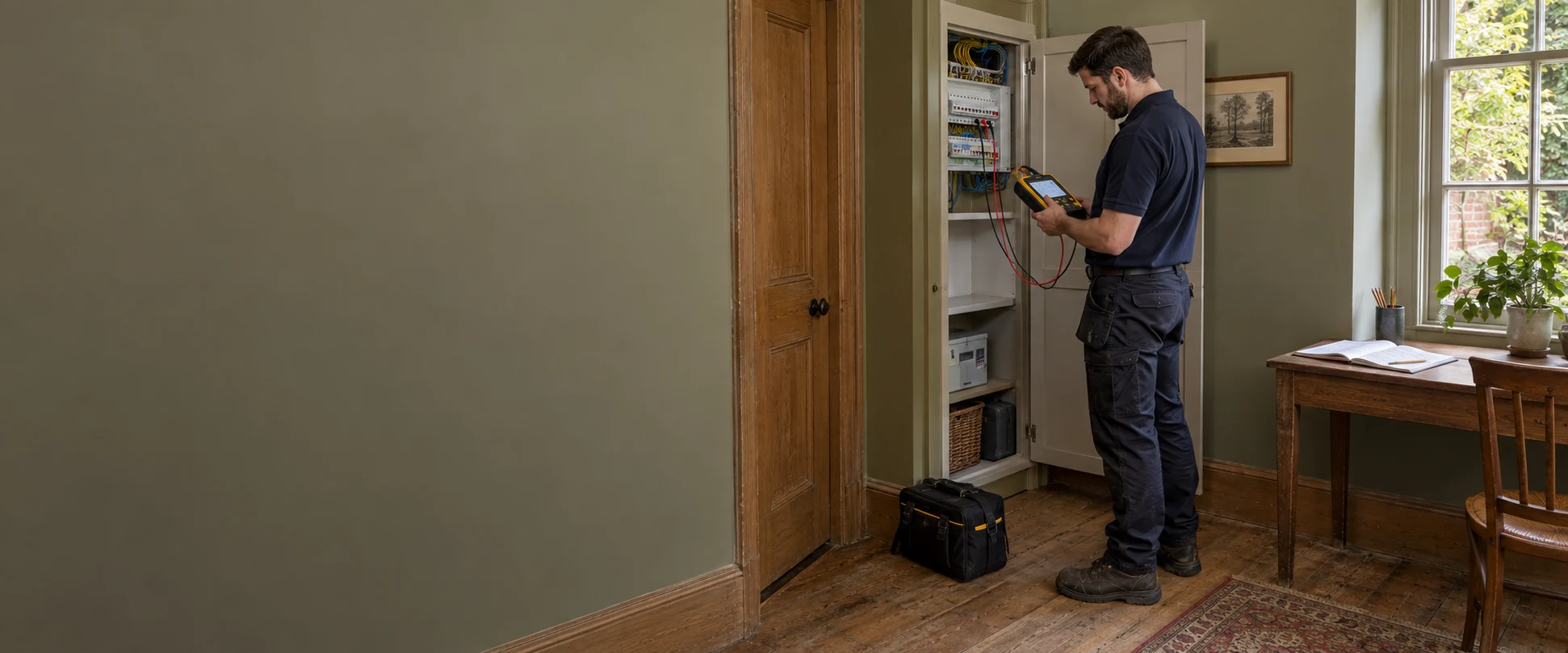 Illustration of an electrician using a multifunction installation tester beside a consumer unit in a finished Hampstead home.