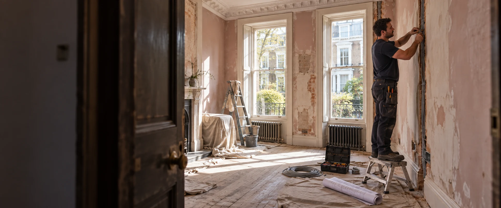 Electrician installing cable routes during the refurbishment of a Kensington period room.