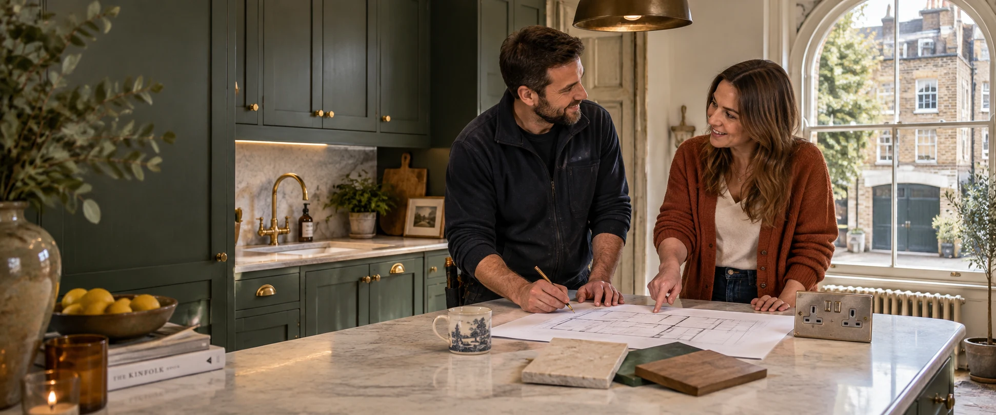Homeowner discussing socket positions with an electrician at the kitchen island of a Kensington home.