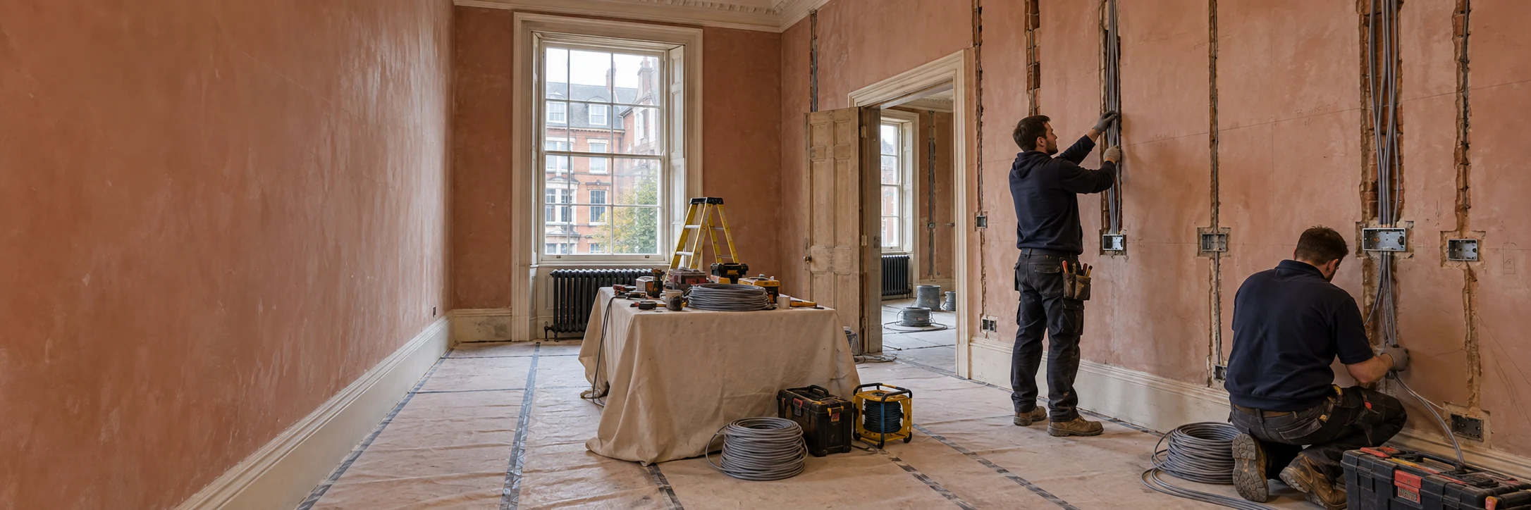 Illustration of two electricians installing new cable routes and back boxes in a period Maida Vale apartment.
