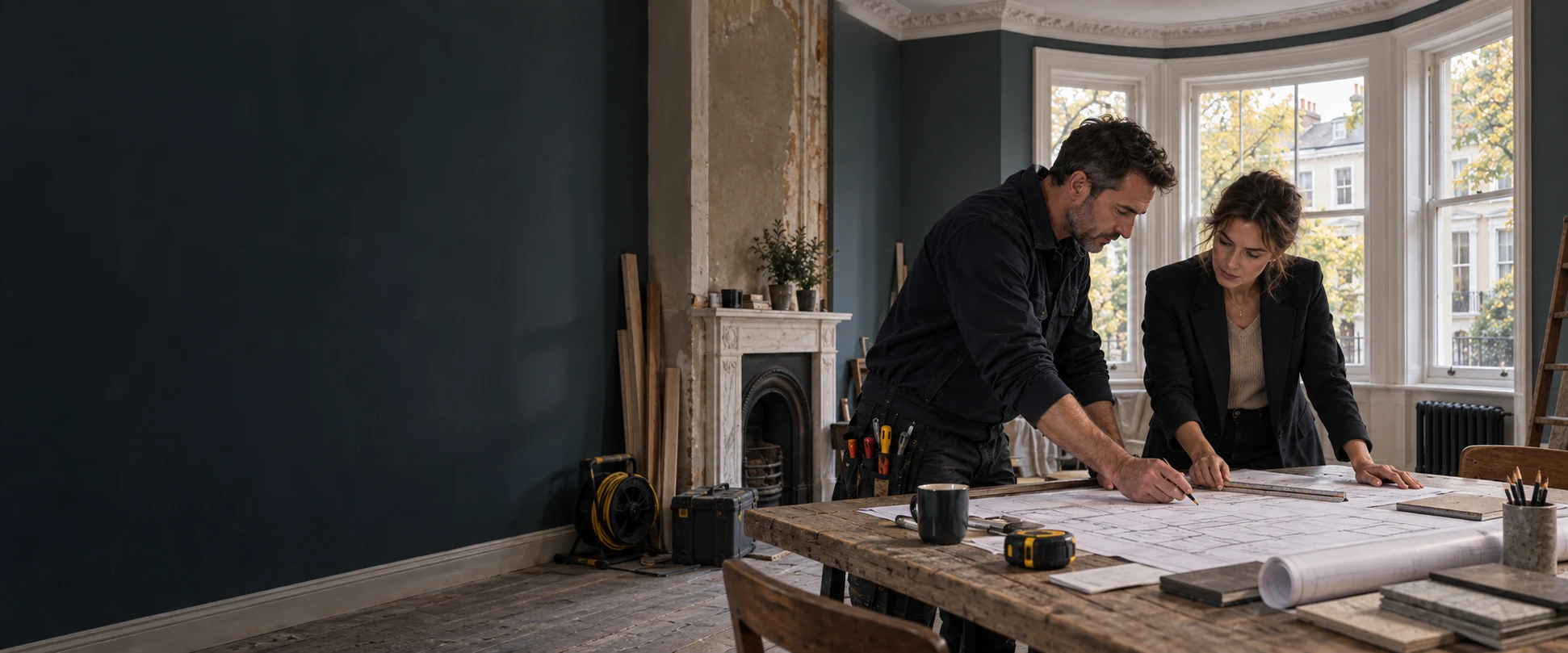 Illustration of an electrician and homeowner reviewing room plans before a house rewire in Notting Hill.