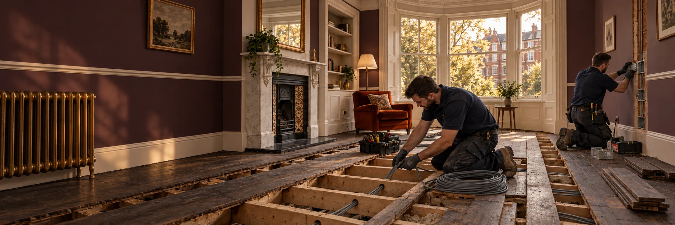 Illustration of two electricians routing new cables through timber floor joists in a St John’s Wood mansion-block apartment.