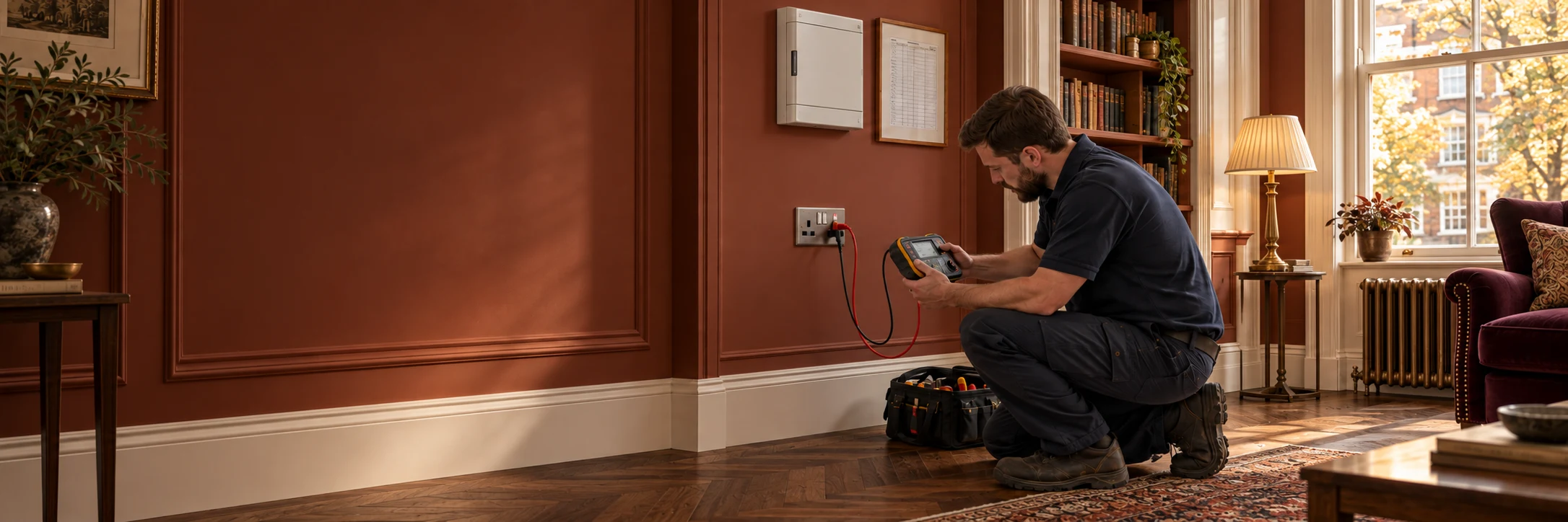 Illustration of an electrician testing a switched socket after a house rewire in St John’s Wood NW8.