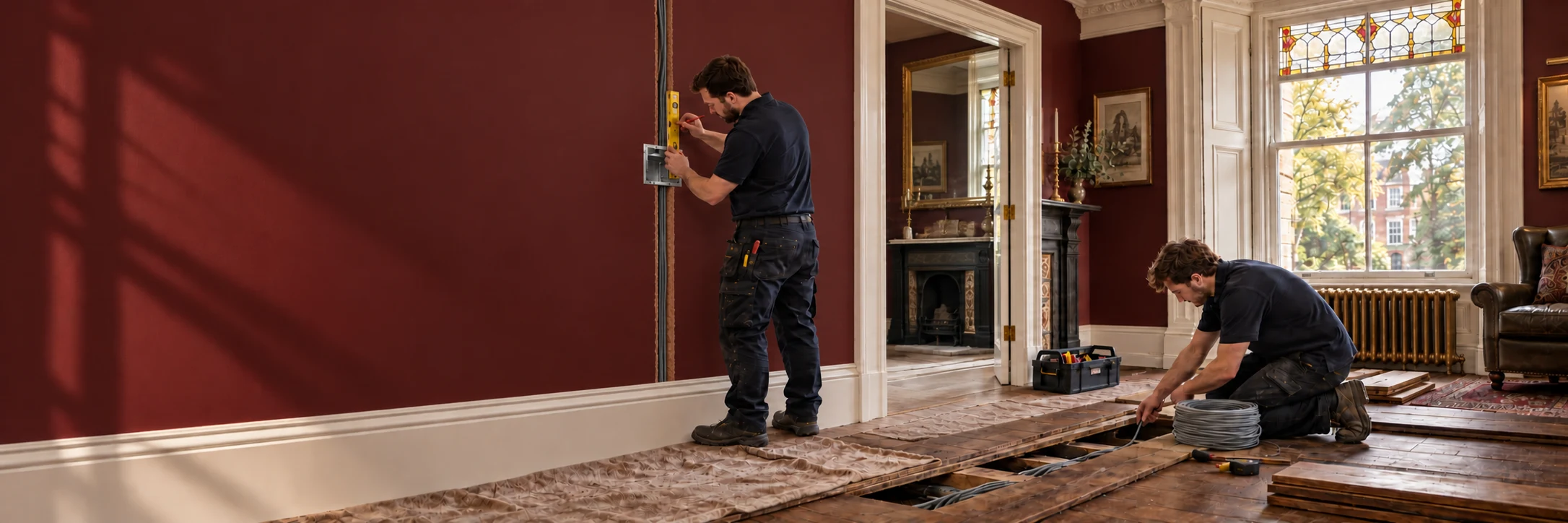 Illustration of two electricians carrying out first-fix rewiring in a period St John’s Wood villa.