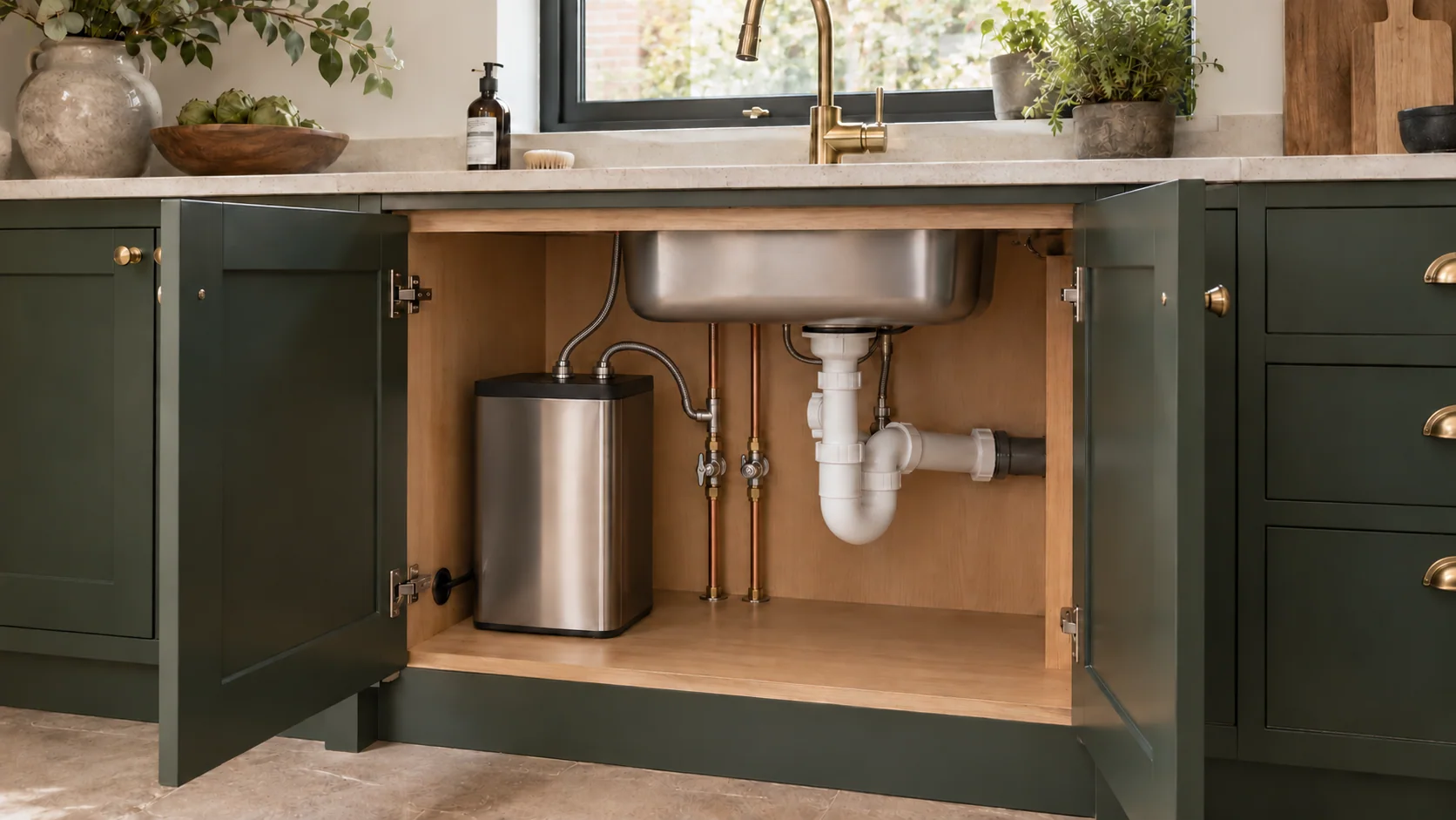 Open kitchen sink cabinet with a compact boiling-water tank, waste pipework and clear maintenance access.