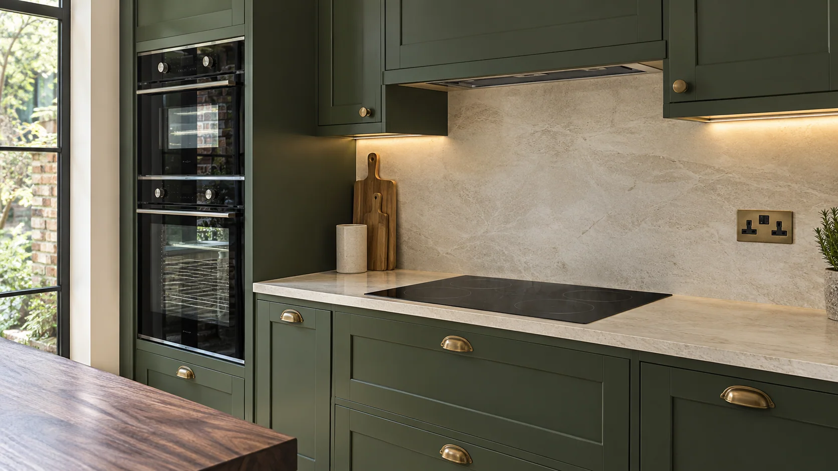 Induction hob and built-in ovens in green kitchen cabinetry with a clear preparation worktop.