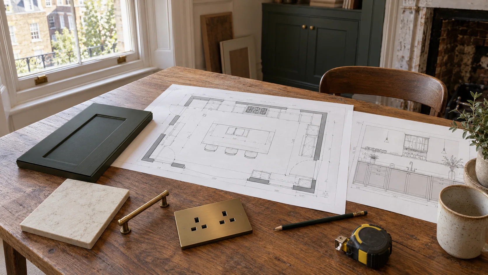 Kitchen layout drawings, material samples and electrical accessories prepared before a London renovation.
