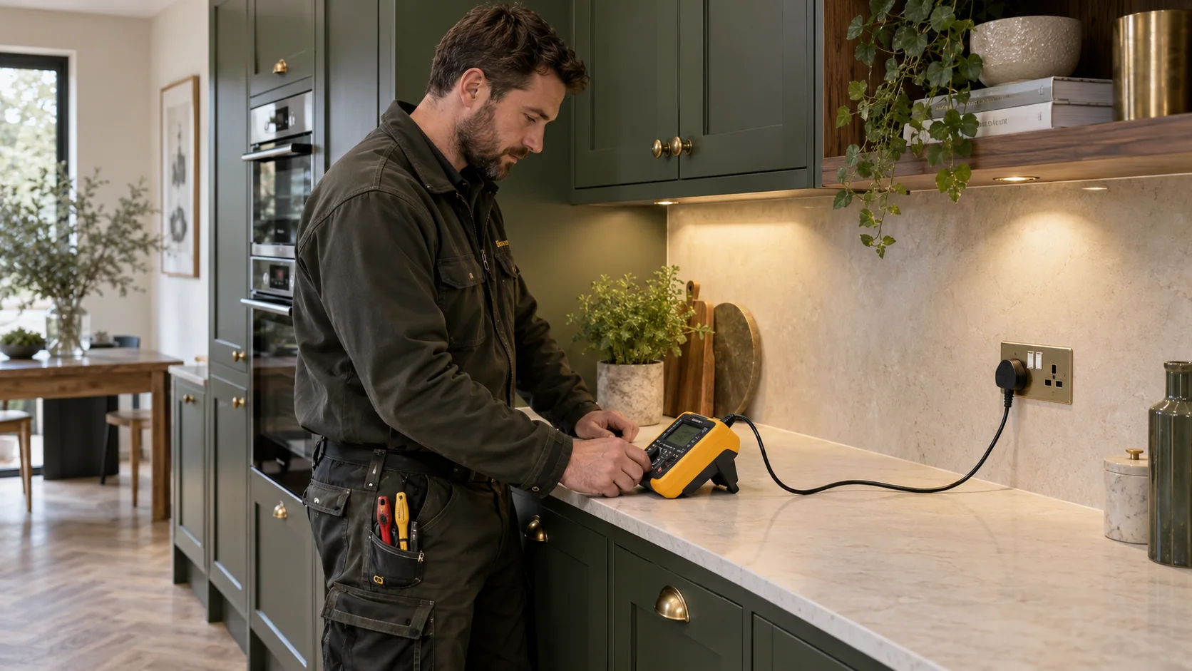 Electrician checking a kitchen socket with a yellow installation tester before handover.