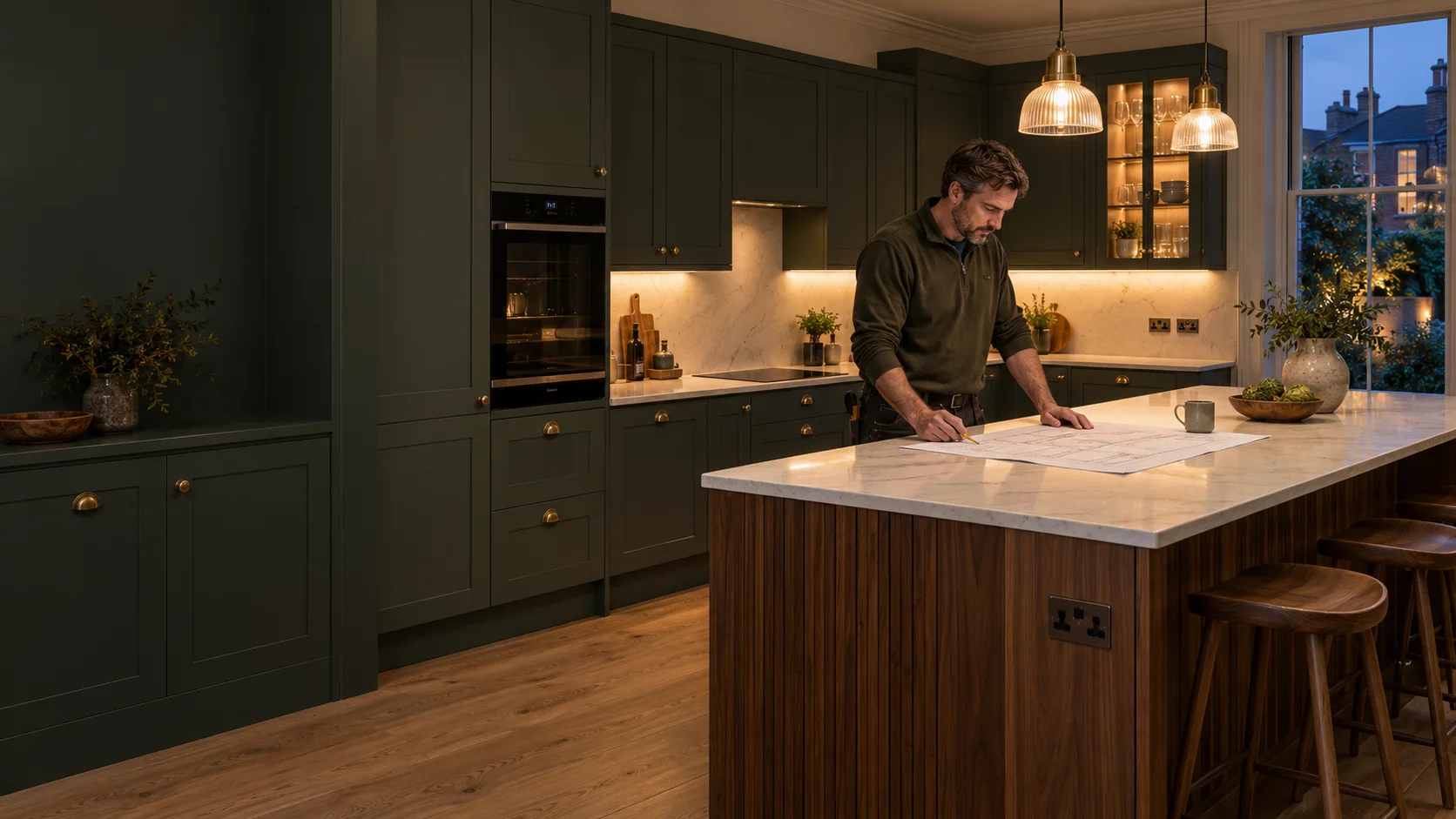 Electrician reviewing kitchen electrical plans beside an island in a London kitchen with layered lighting.