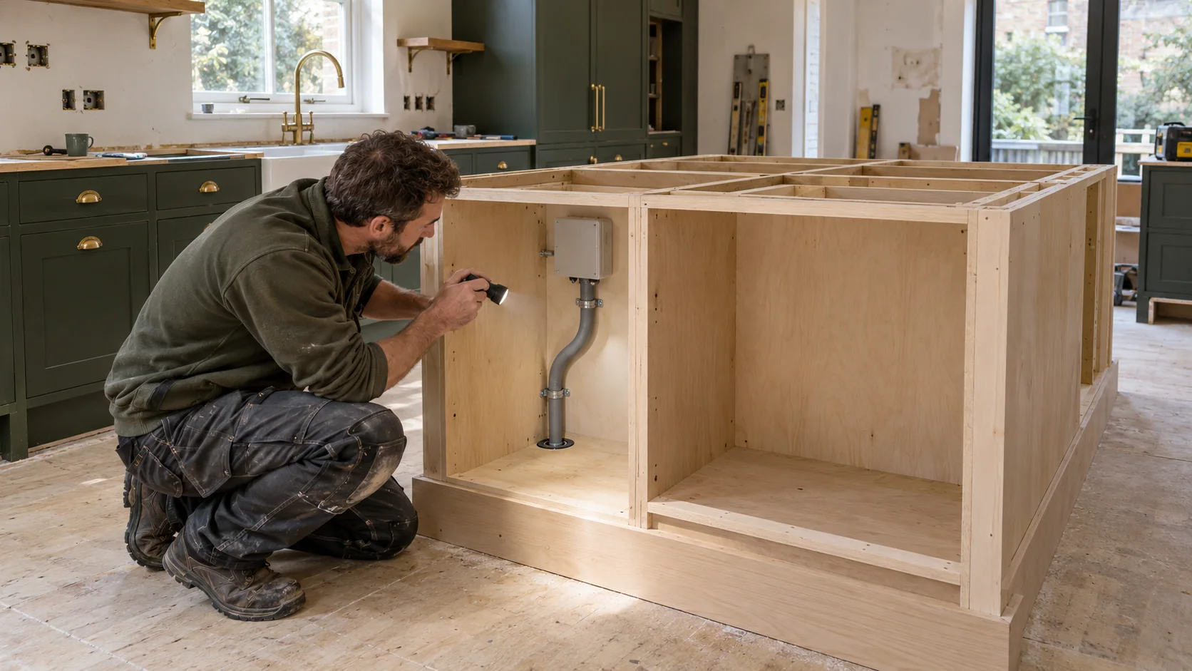 Electrician inspecting a protected service route inside an unfinished kitchen island before the worktop is fitted.