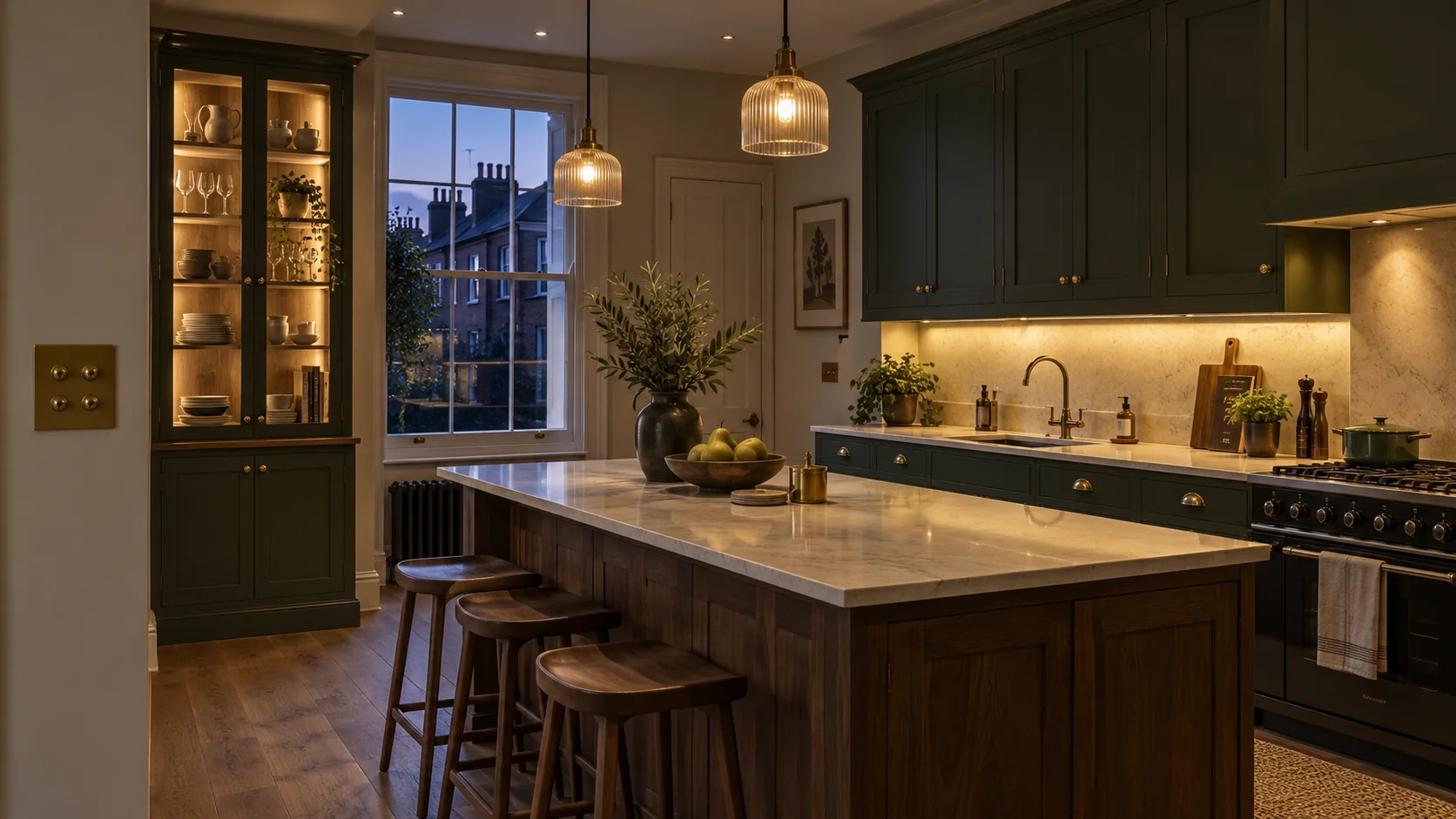 Layered kitchen lighting combining worktop illumination, island pendants and a softly lit display cabinet.