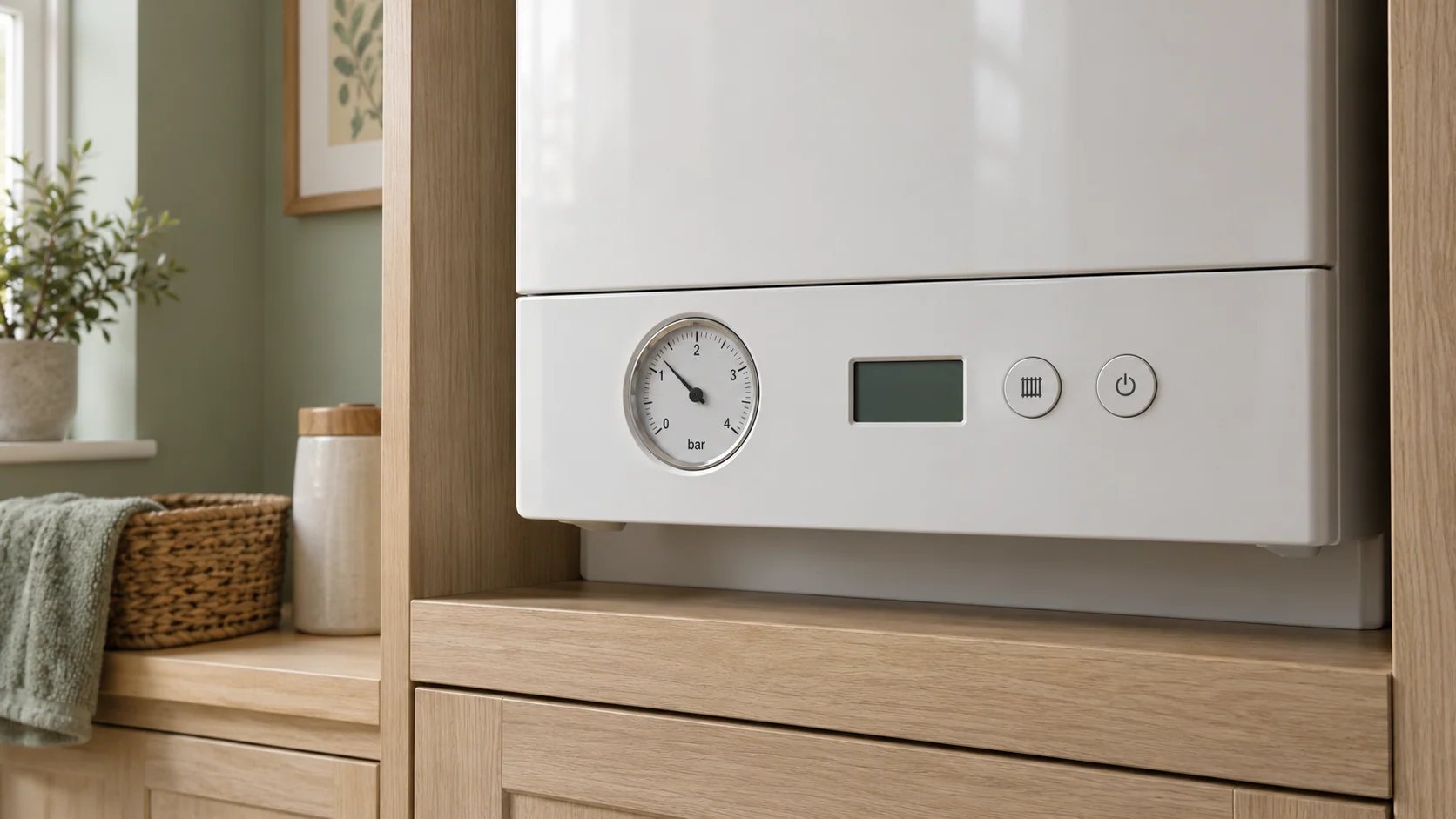 Close-up of the pressure gauge on a closed domestic boiler control panel.