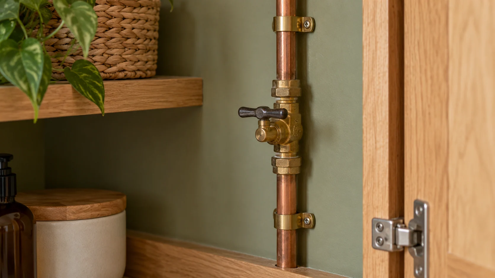 An accessible brass internal stopcock fitted in a continuous copper water-supply pipe.