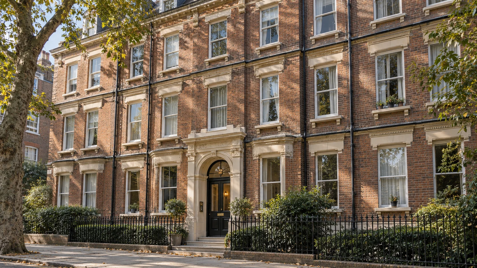 Upper-floor windows and a shared entrance of a London mansion block.