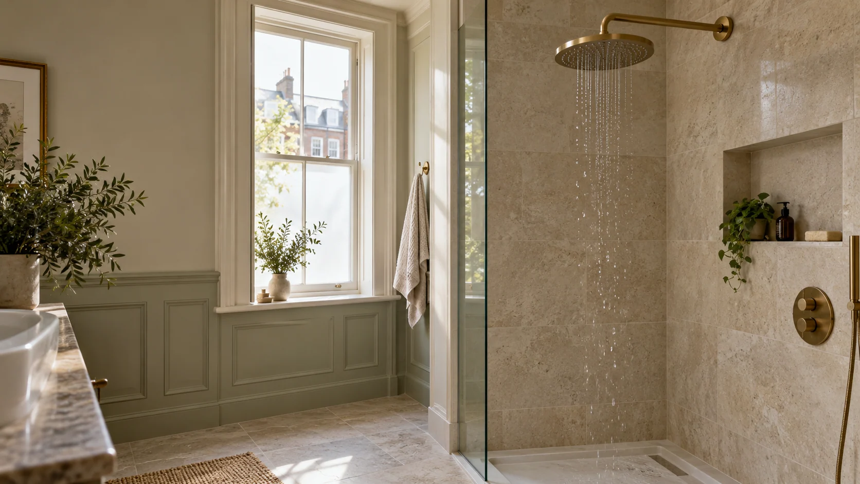 A shower with a weak water flow in an elegant London bathroom.